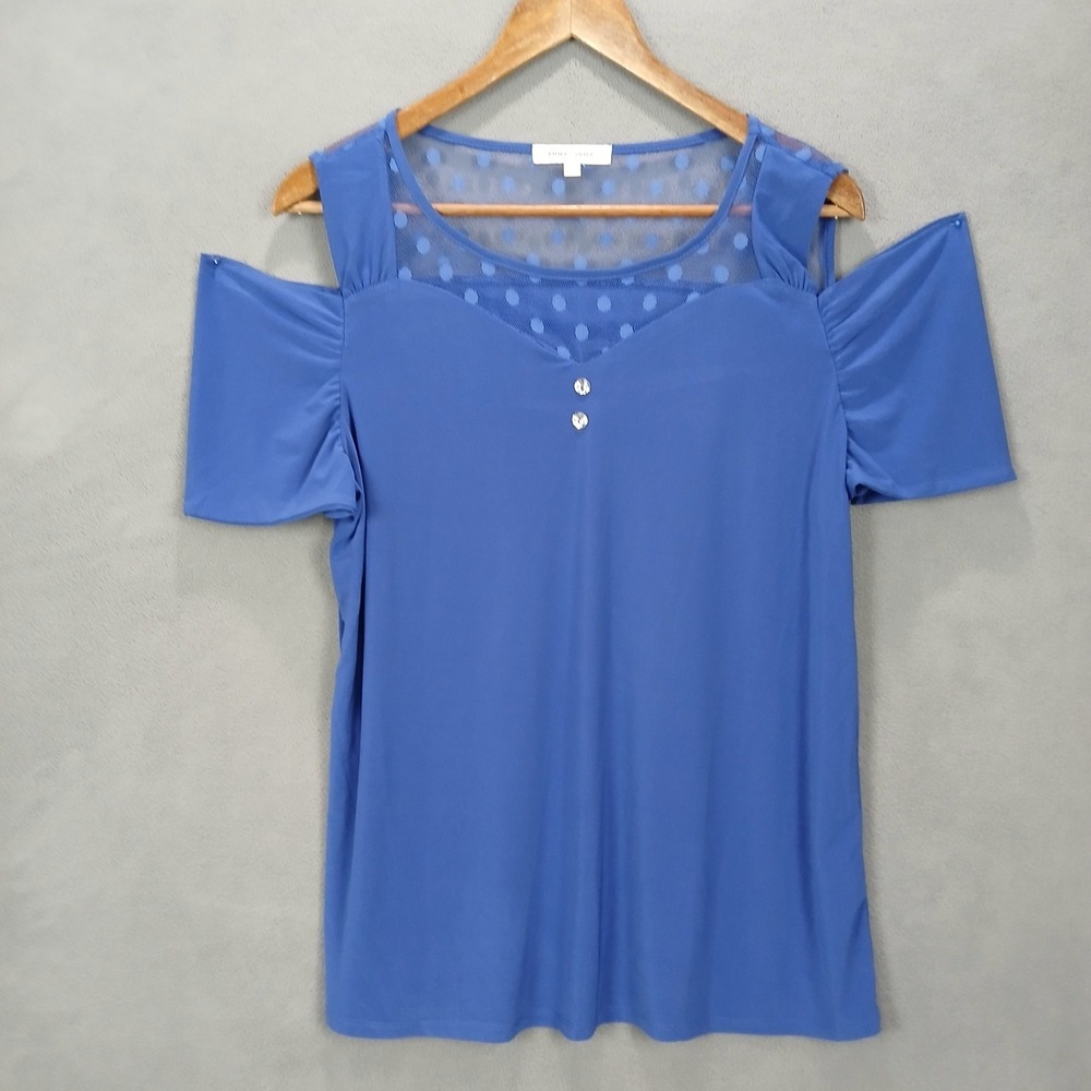 Emma & Olive T Shirt Womens‎ XL Blue Stretch Polka Dot Knit Cold Shoulder Modern